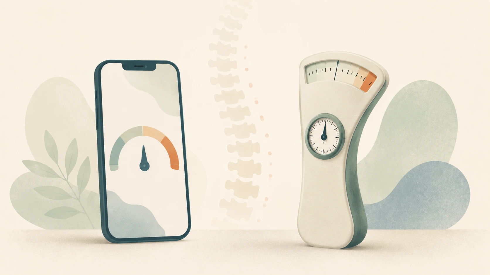 A smartphone scoliometer shown beside a traditional physical scoliometer.